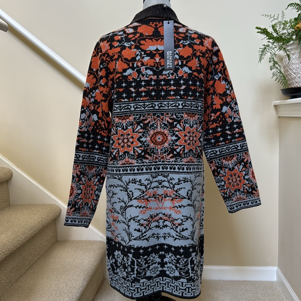 New Badgley Mischka Orange, Black and blue sweater Coat. Size M. - Picture 12 of 16